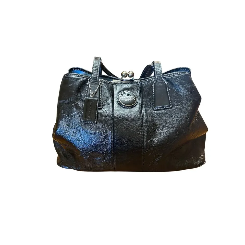 Coach Signature Stitch frame kiss lock carryall bag F15658 black patent leather